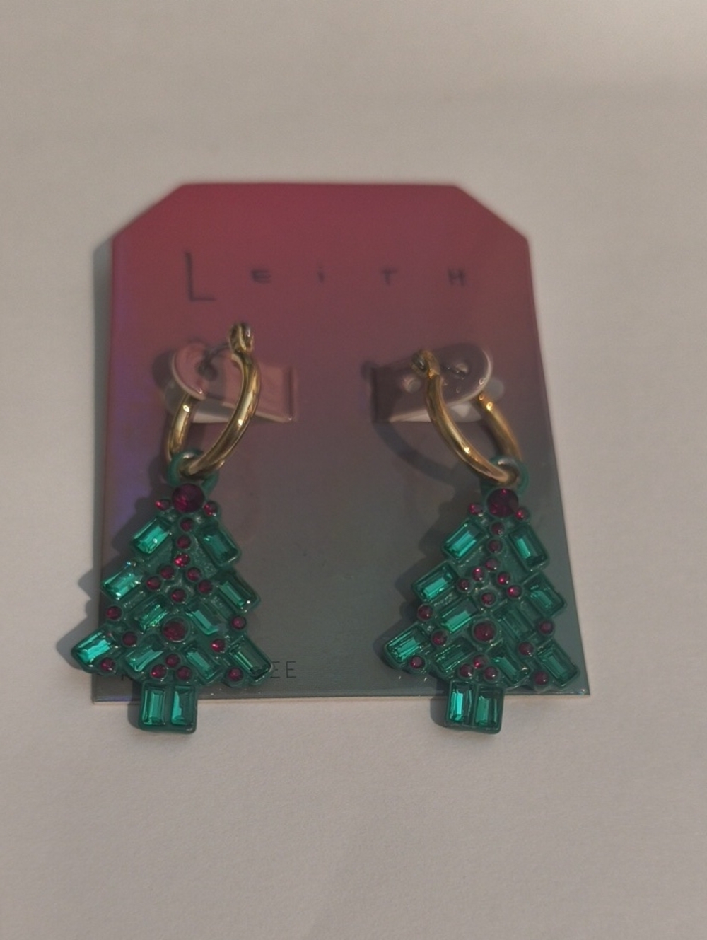 Leith Gold Hoop Earrings with Green & Red Christmas Tree Charms NWT